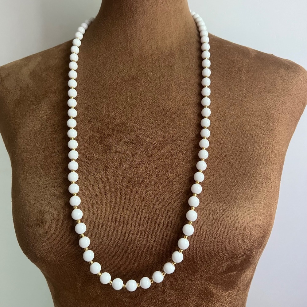 Monet Vintage White Faux Pearl Gold Tone Bead 30 Inch Long Necklace Size 30" Mod